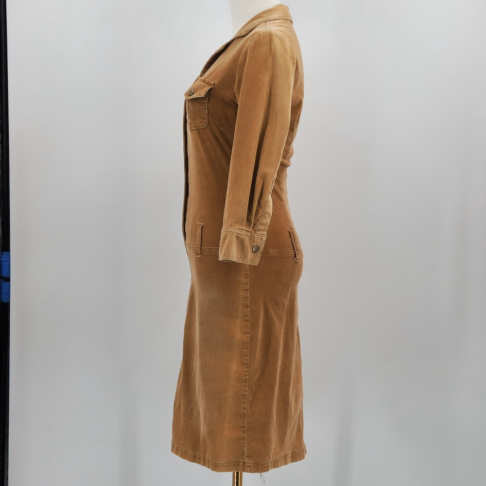 Womens Corduroy Shirt Dress S Tan Stretch Utility Y2K Style Button Front Vintage - Picture 3 of 15